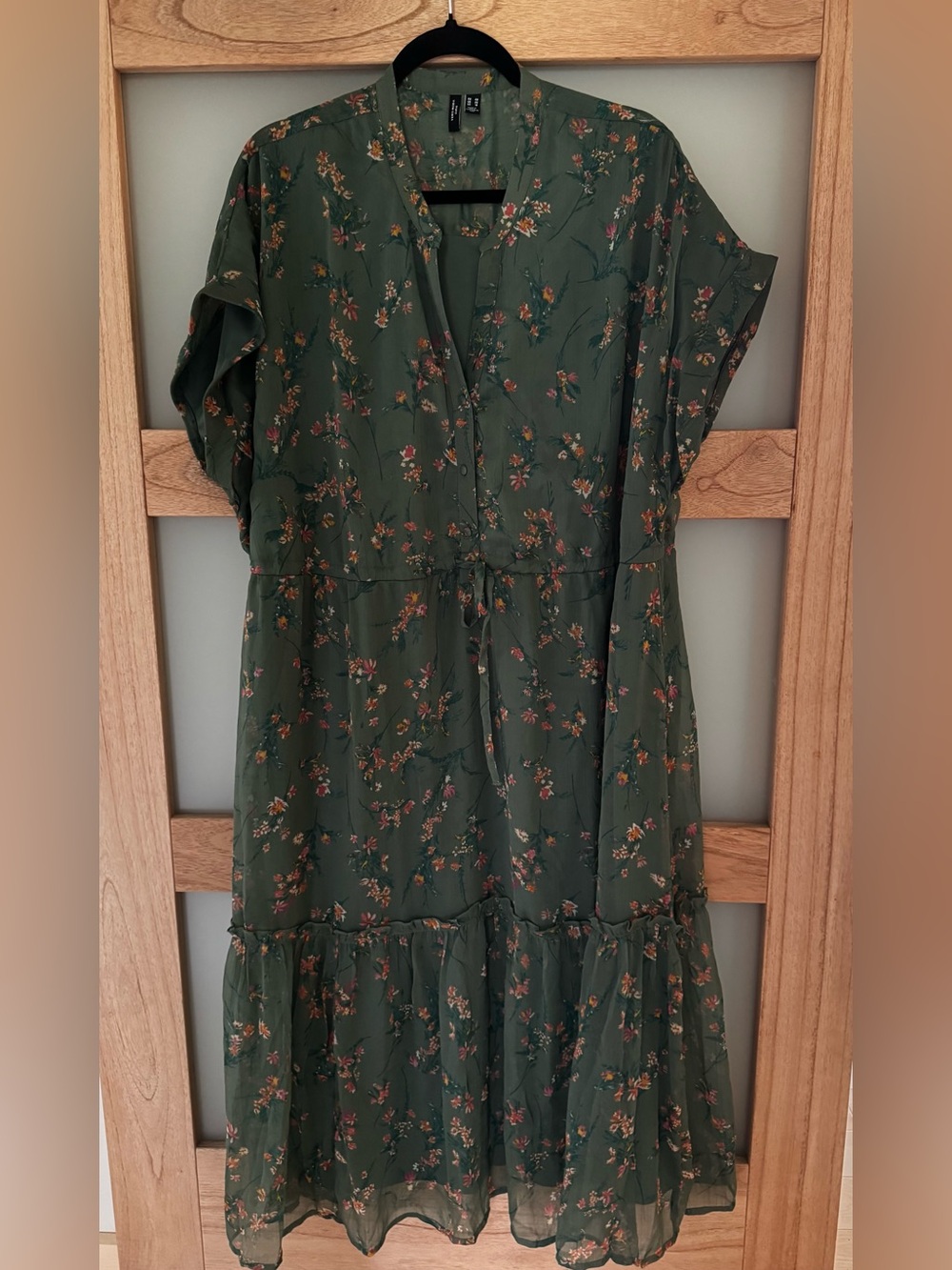 Vero Moda Olive Green Floral Midi Dress with Tie Waist